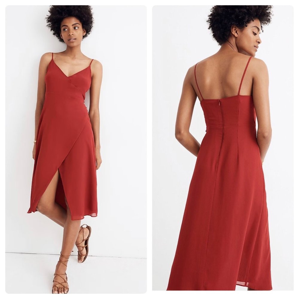 Madewell Side-Button Wrap Cami Midi Lined V-Neck Summer/Spring Red Dress Sz 6